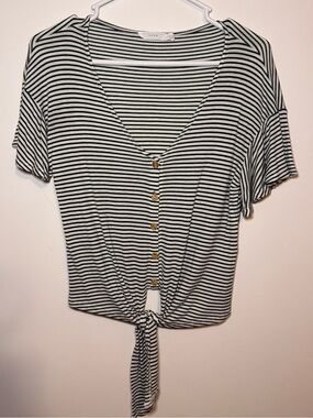 Lush Green & White Striped Tie-Front Button Blouse